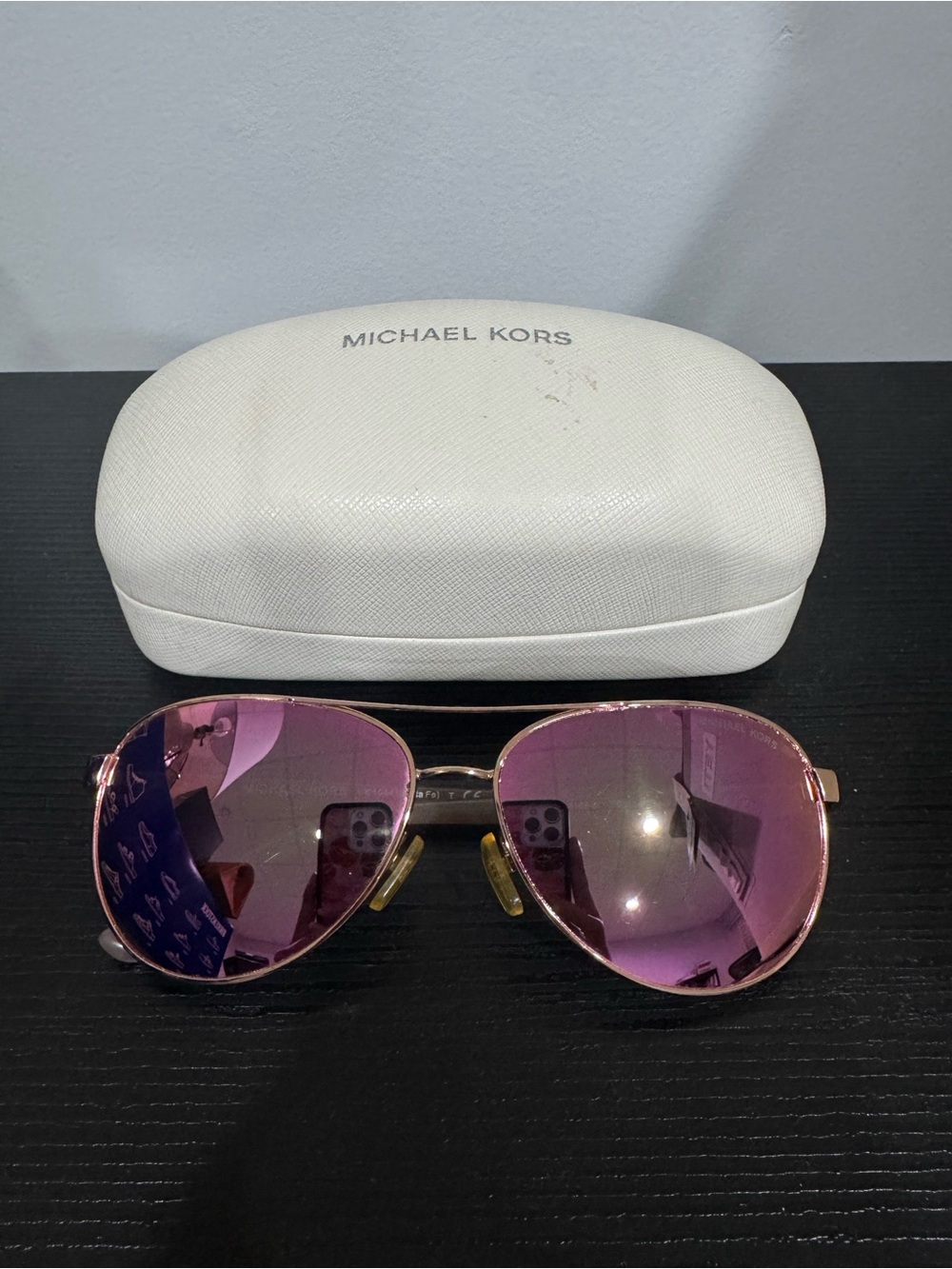 Michael Kors Gold-Frame Aviator Sunglasses with Purple-Pink Lenses